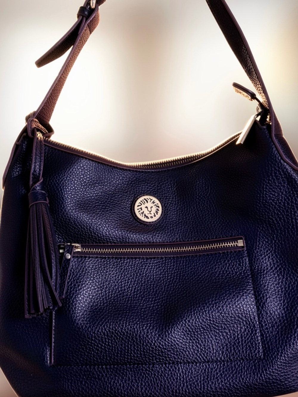 Anne Klein, black Leather Shoulder Bag with Tassel Accent